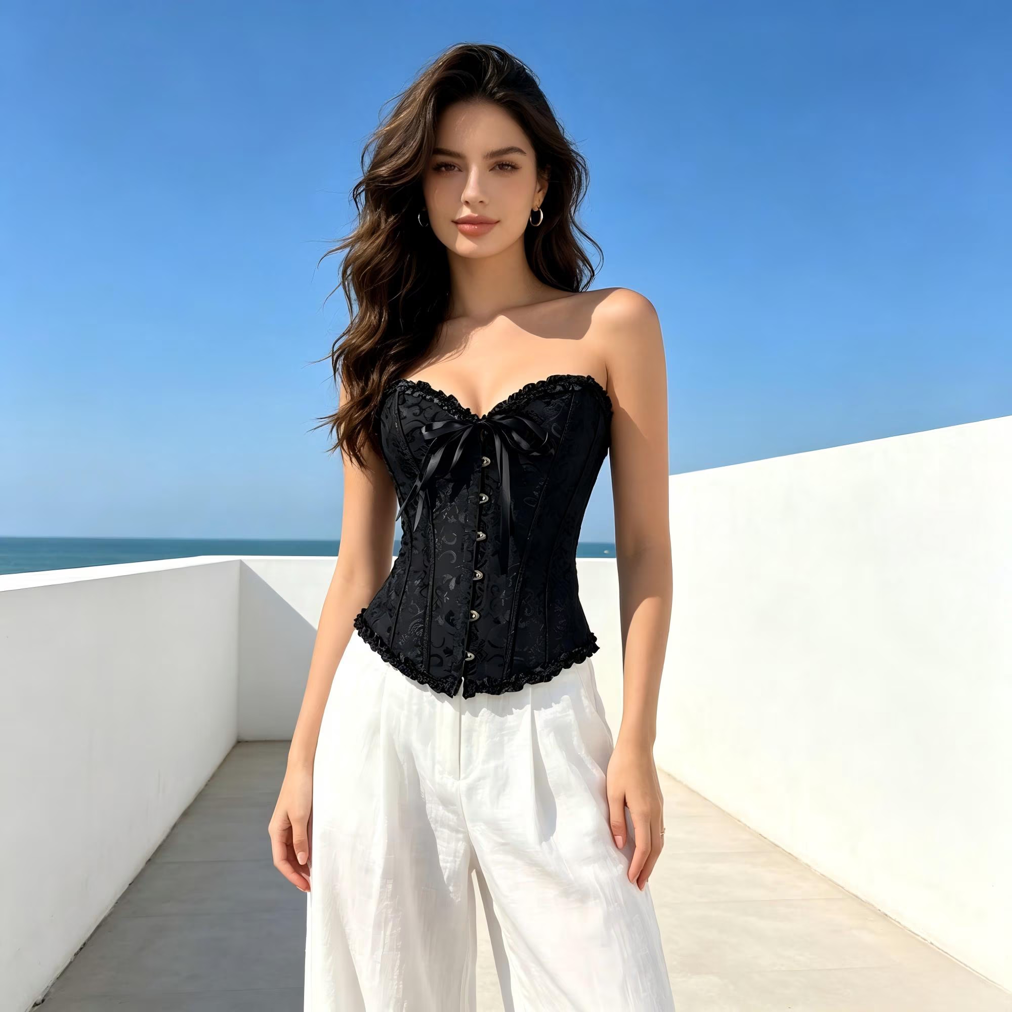 Main-05-thumbnail image 5 of GIRLQUEEN Women Vintage Jacquard Strapless Corset , Women Sweetheart Neck Ruffle Trim Waist Cincher Bustier with Bow Decor, Party Daily Wear, Black, 5 of 10